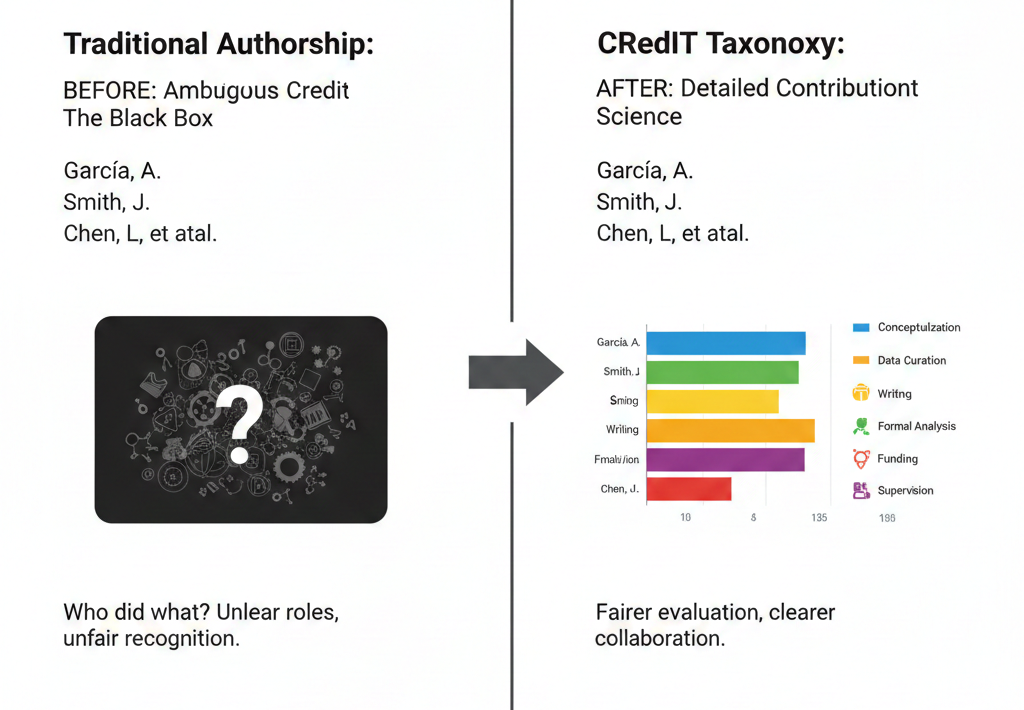 While traditional author lists (left) hide individual efforts, the CRediT taxonomy (right) provides a granular look at scientific collaboration