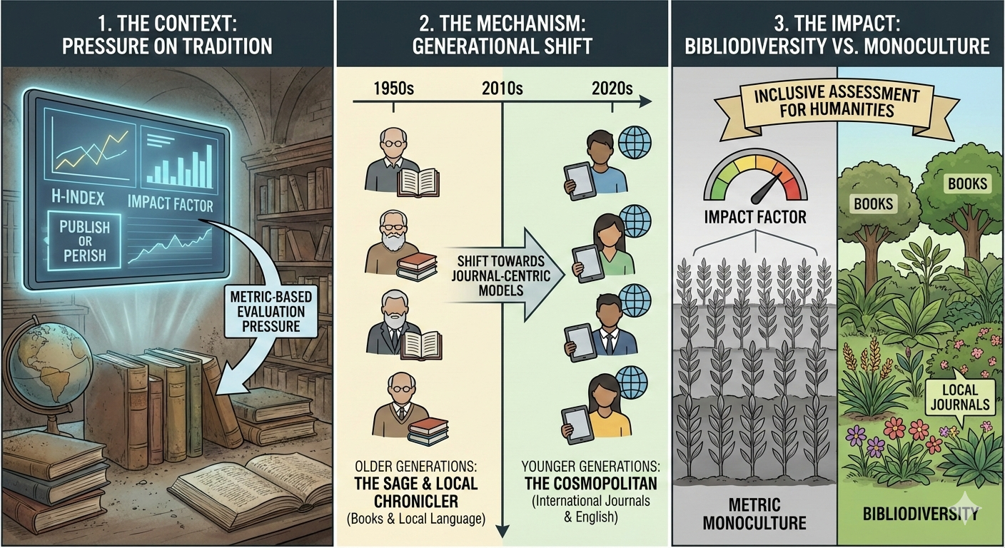 This visual summarizes how evaluation pressures are causing a generational shift in how humanists publish, moving away from local languages and books toward mainstream journals, raising concerns about the loss of bibliodiversity